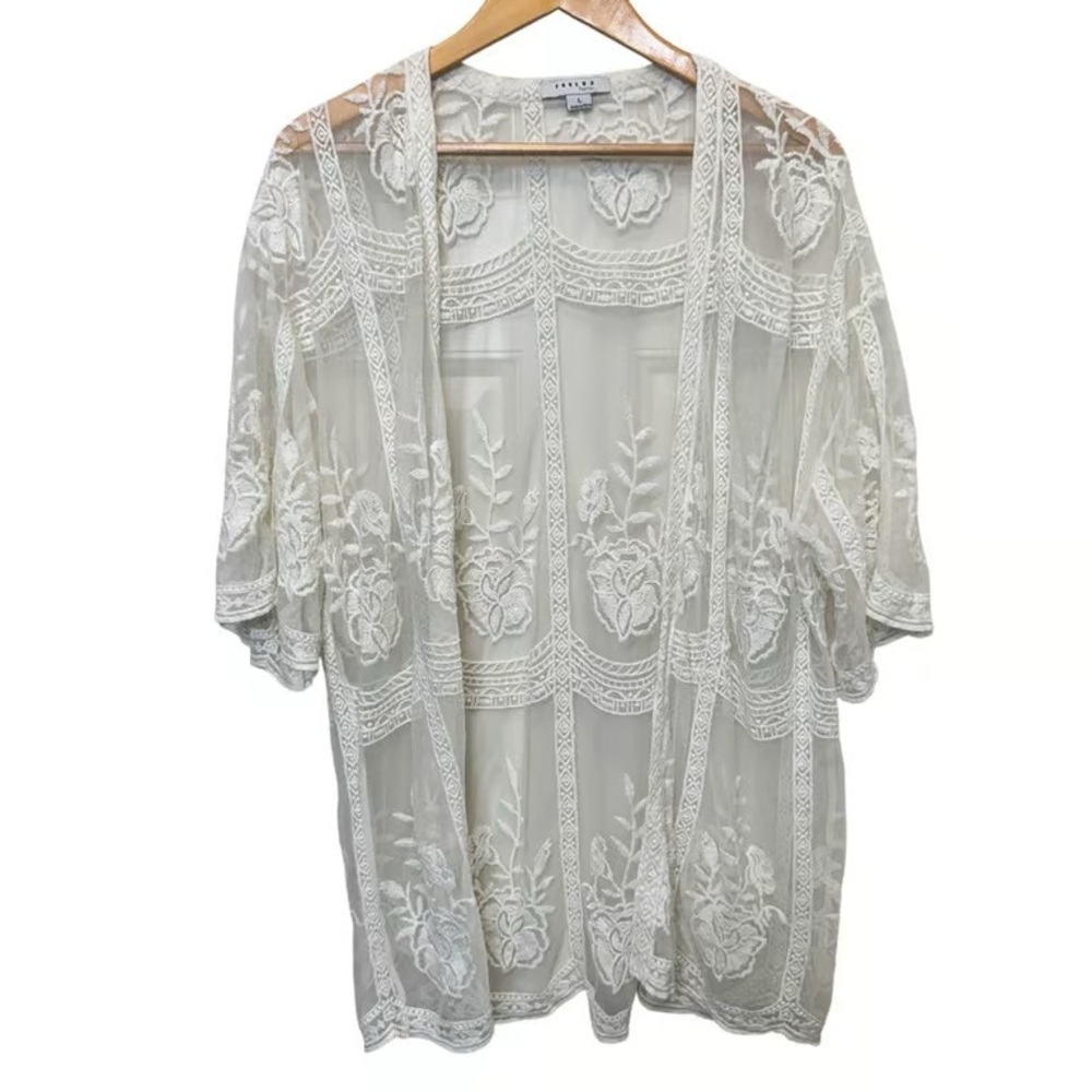 Sheer Embroidered Kimono Jacket - White